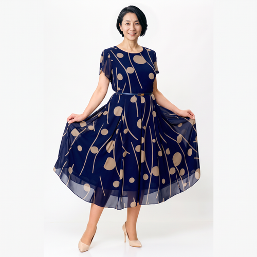 IVY | NAVY POLKA DOT PRINT CHIFFON MIDI DRESS