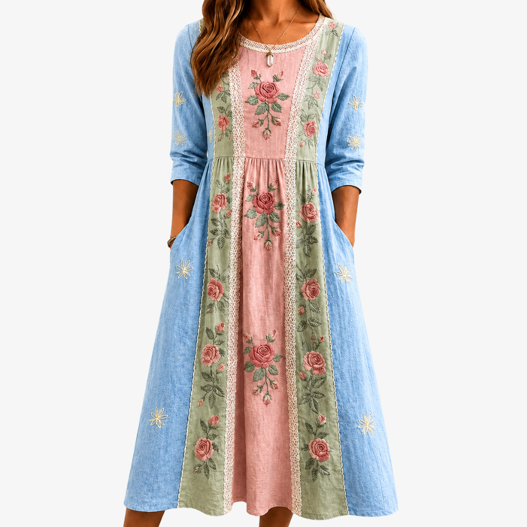 ROSALIE | VINTAGE ROSE GARDEN PATCHWORK POCKET MIDI DRESS