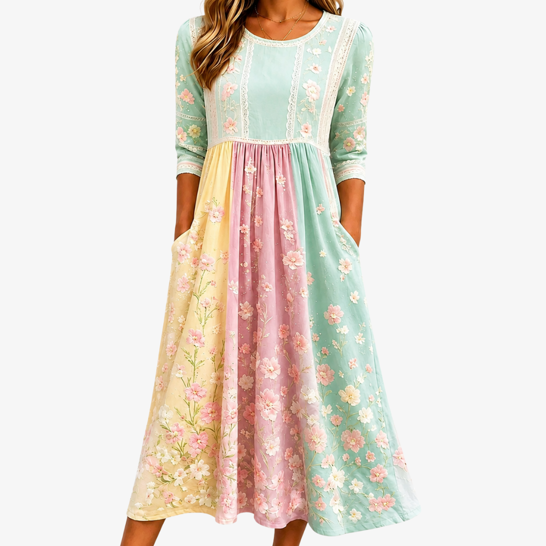 HARRIET | SPRING BLOSSOM PATCHWORK POCKET MIDI DRESS