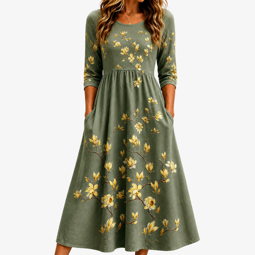 SOPHIA | OLIVE GOLDEN BLOSSOM POCKET MIDI DRESS