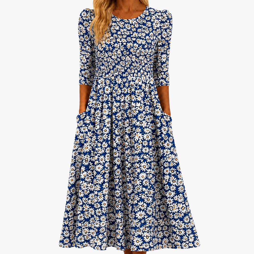 MILA | BOLD BLUE DAISY SHIRRED POCKET MIDI DRESS