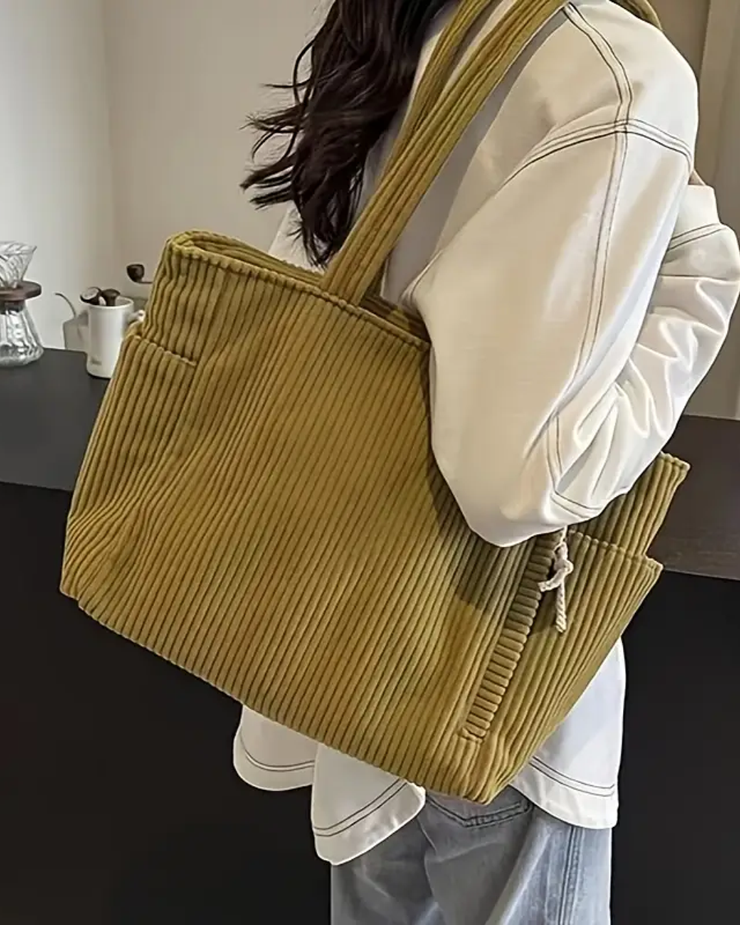 SOPHIE | RIBBED TOTE BAG WITH DRAWSTRING DETAIL