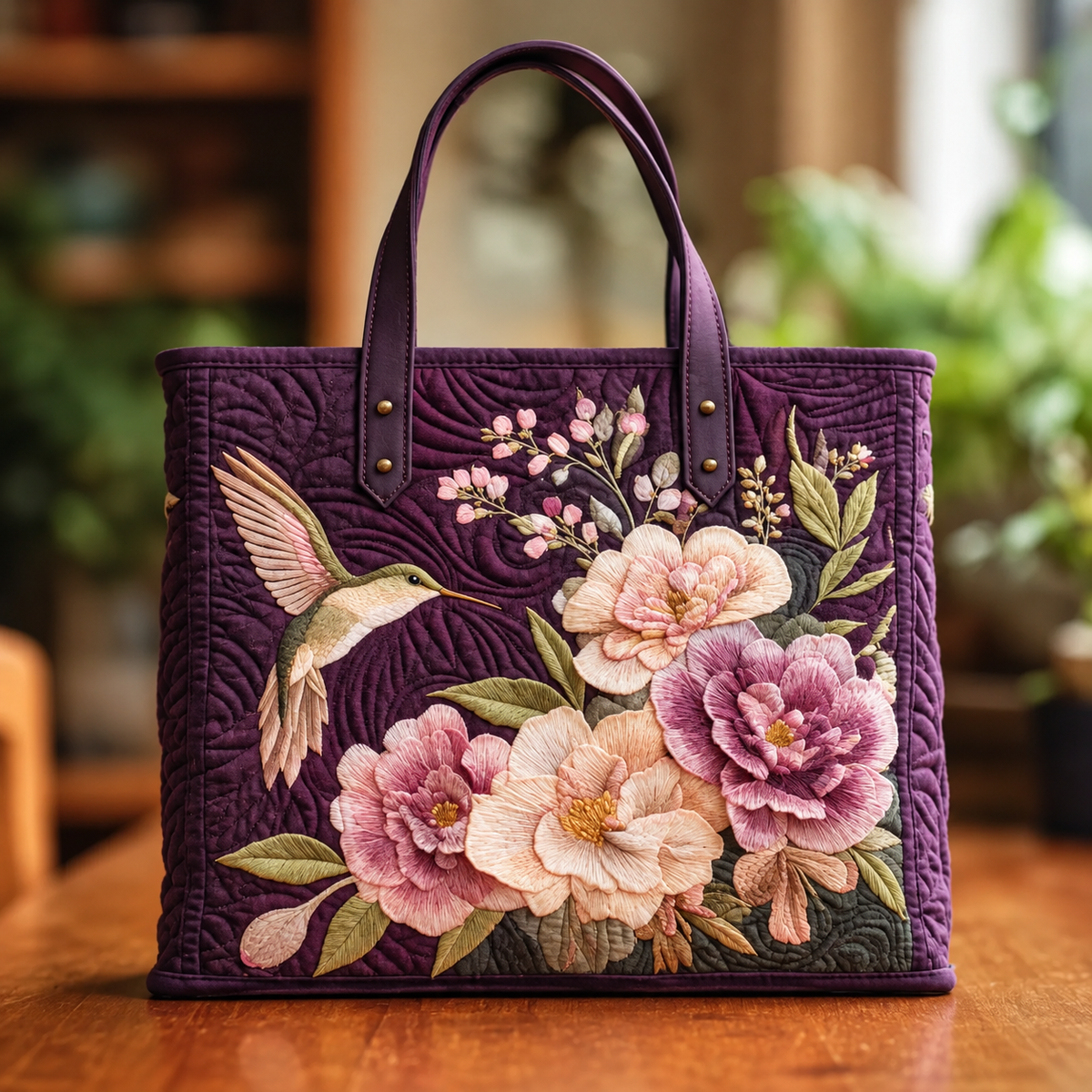 LILIAN | HANDCRAFTED PURPLE PRINTED BAG WITH HUMMINGBIRD AND ORCHIDS