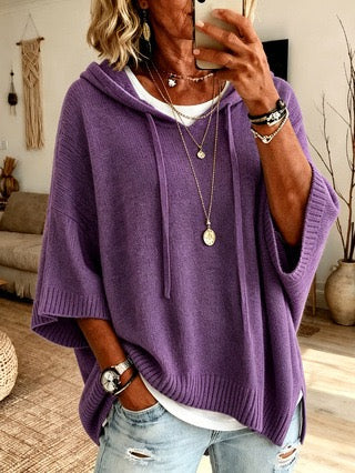 WINIFRED | PURPLE RIBBED HOOD PONCHO JUMPER