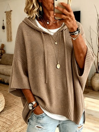 ROSALIND | TAUPE RIBBED HOOD PONCHO JUMPER