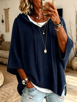 AGNES | NAVY RIBBED HOOD PONCHO JUMPER