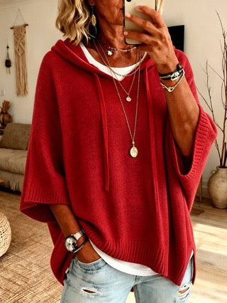 ELEANOR | CRIMSON RIBBED HOOD PONCHO JUMPER