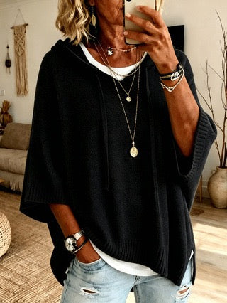 EDITH | BLACK RIBBED HOOD PONCHO JUMPER