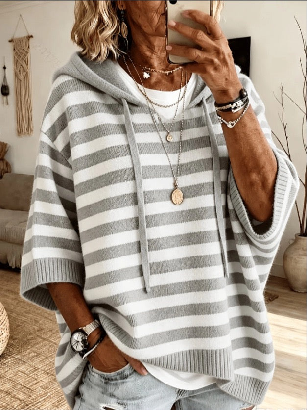 CLARA | GREY STRIPE HOOD PONCHO JUMPER