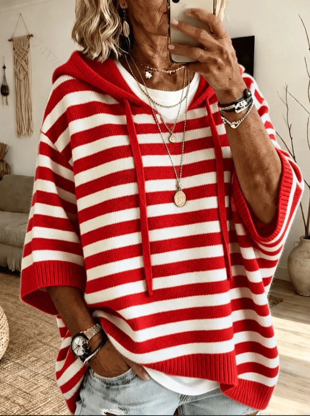 BEATRICE | RED STRIPE HOOD PONCHO JUMPER