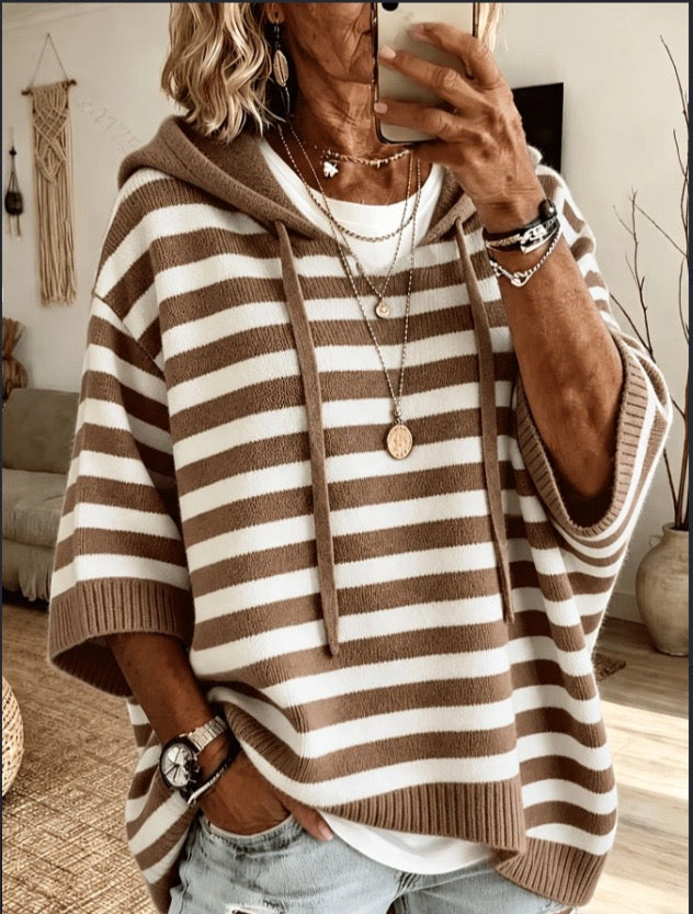DOROTHY | COCOA STRIPE HOOD PONCHO JUMPER