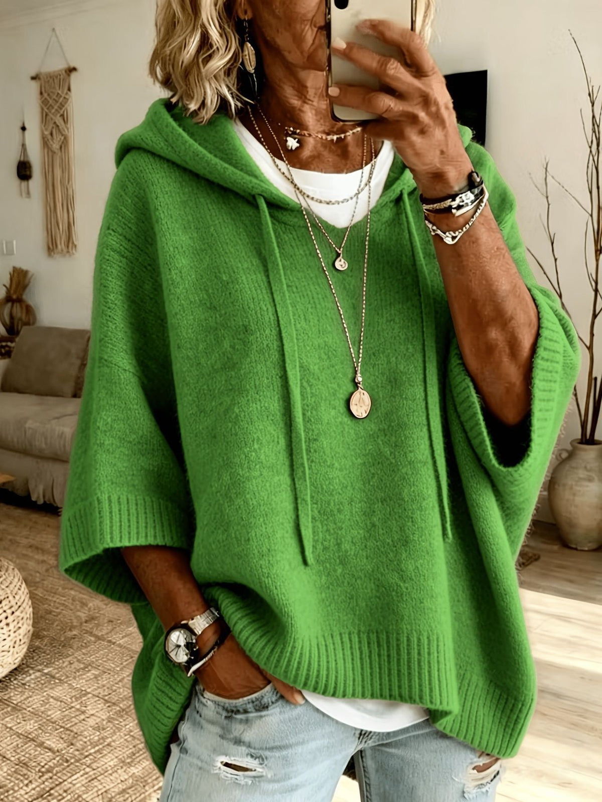 VIVIAN | GREEN RIBBED HOOD PONCHO JUMPER