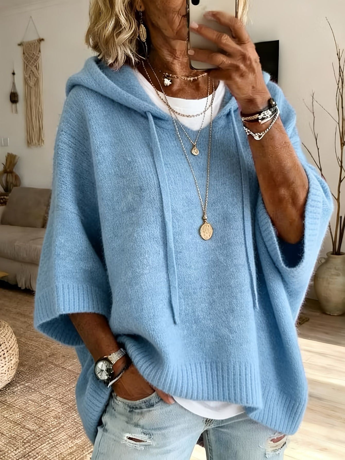 CECILY | SKY BLUE RIBBED HOOD PONCHO JUMPER
