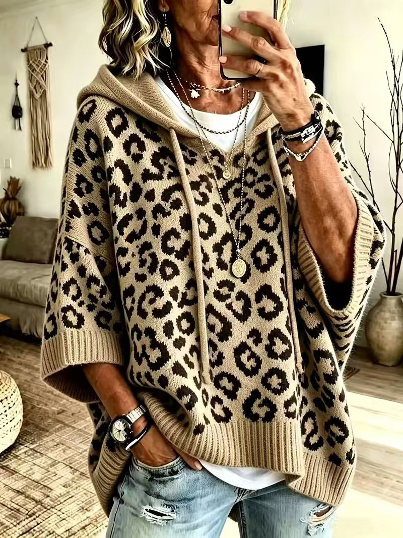 MURIEL | CAMEL LEOPARD HOOD PONCHO JUMPER