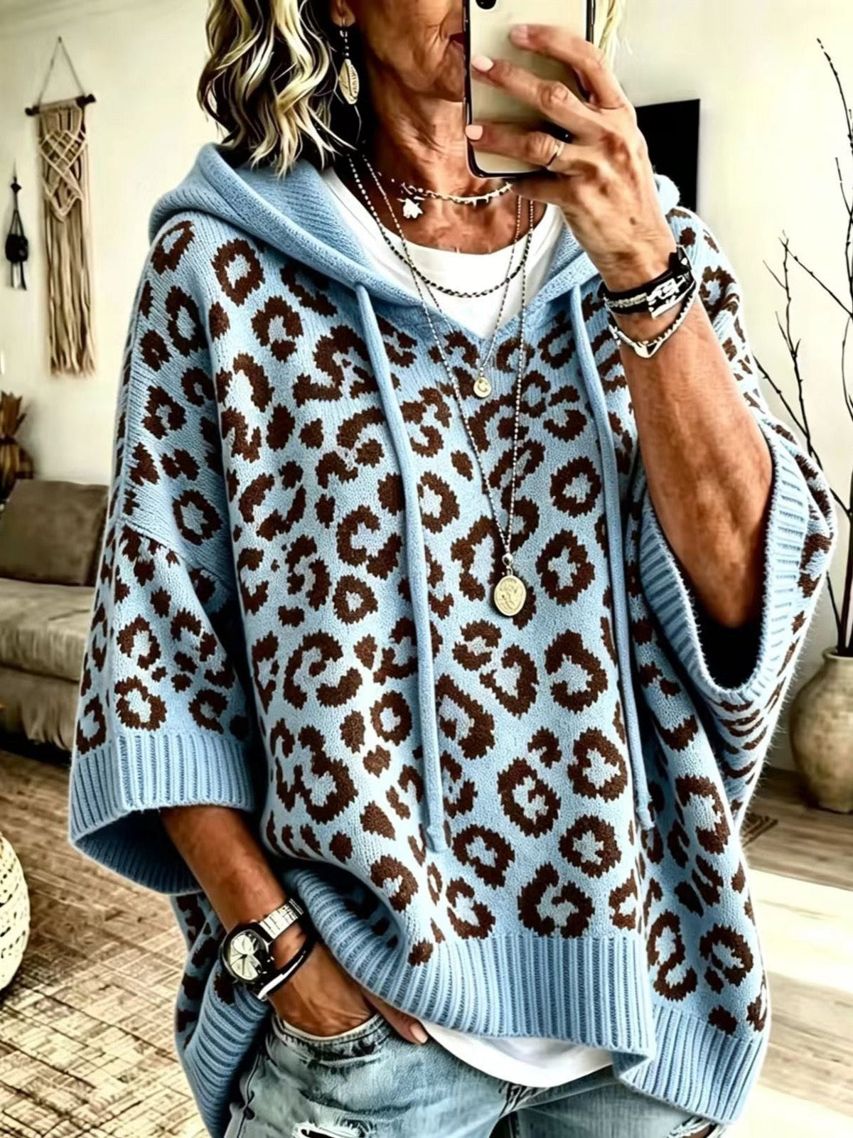 ENID | SKY BLUE LEOPARD HOOD PONCHO JUMPER