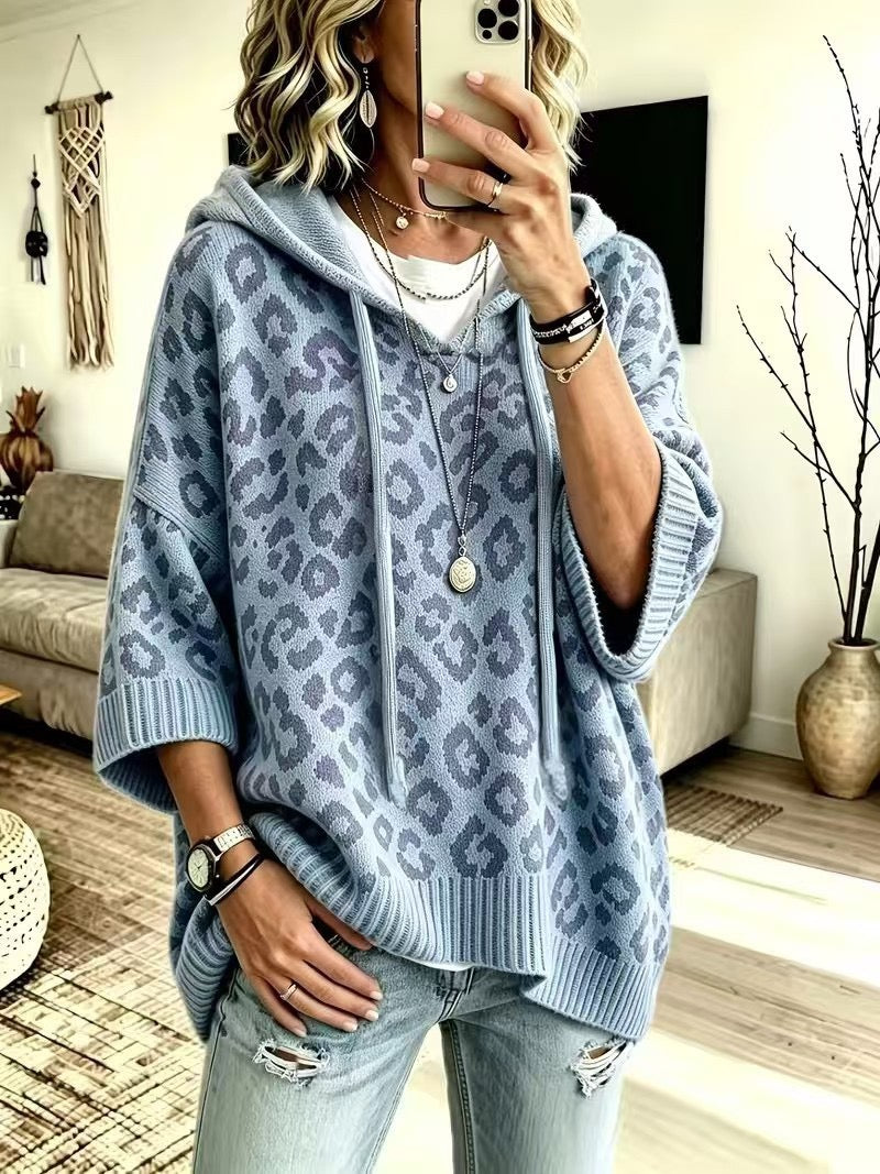 SYLVIA | DUSTY BLUE LEOPARD HOOD PONCHO JUMPER