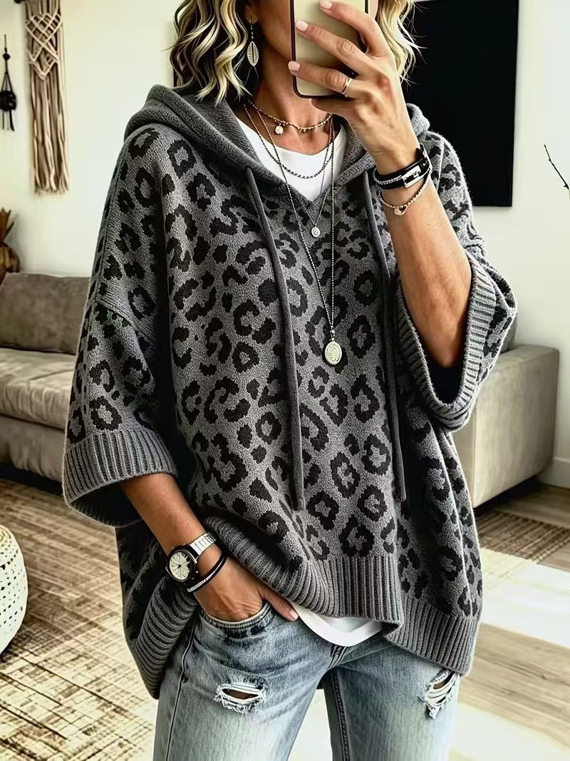 JOSEPHINE | CHARCOAL LEOPARD HOOD PONCHO JUMPER
