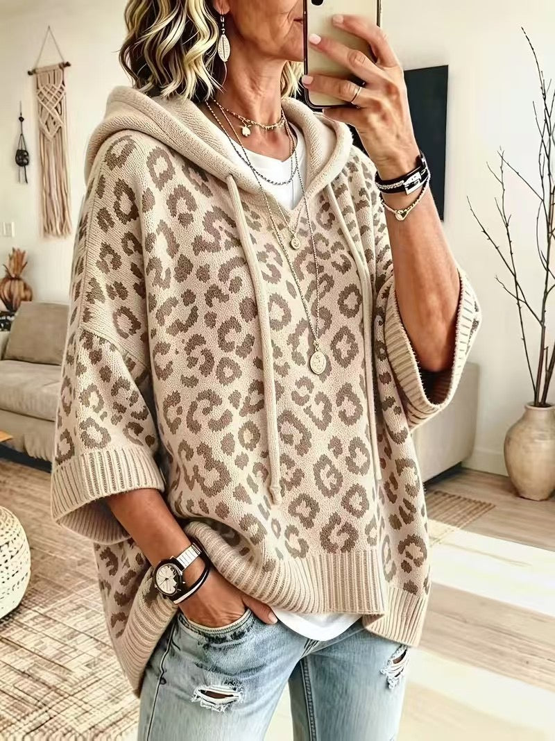 PHYLLIS | OATMEAL LEOPARD HOOD PONCHO JUMPER