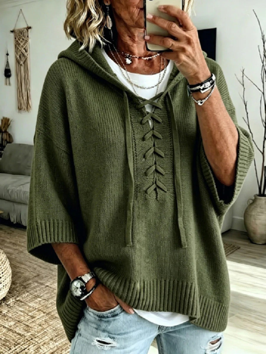 PRUDENCE | OLIVE GREEN LACE-UP HOOD PONCHO JUMPER