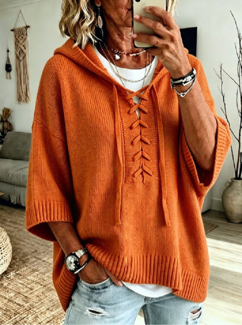 IVY | BURNT ORANGE LACE-UP HOOD PONCHO JUMPER