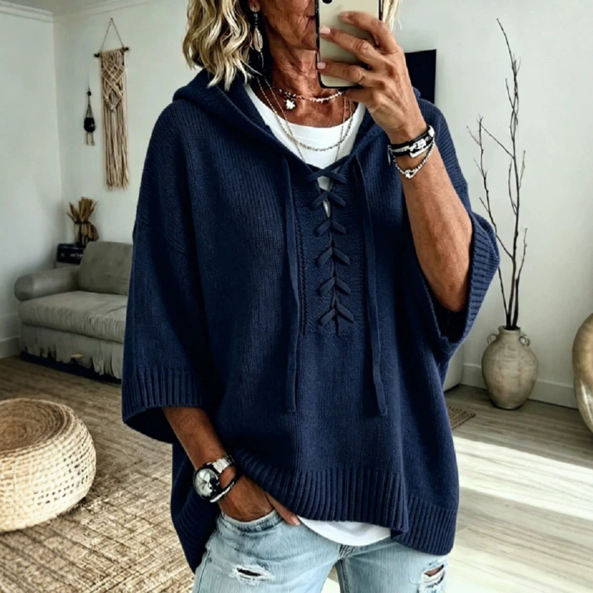 ADELAIDE | NAVY LACE-UP HOOD PONCHO JUMPER