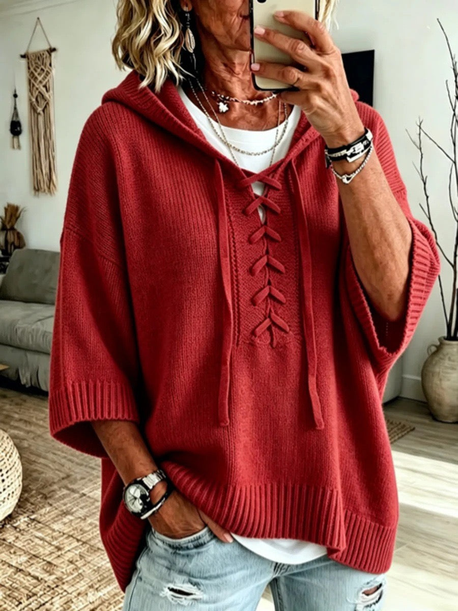 MILDRED | RED LACE-UP HOOD PONCHO JUMPER