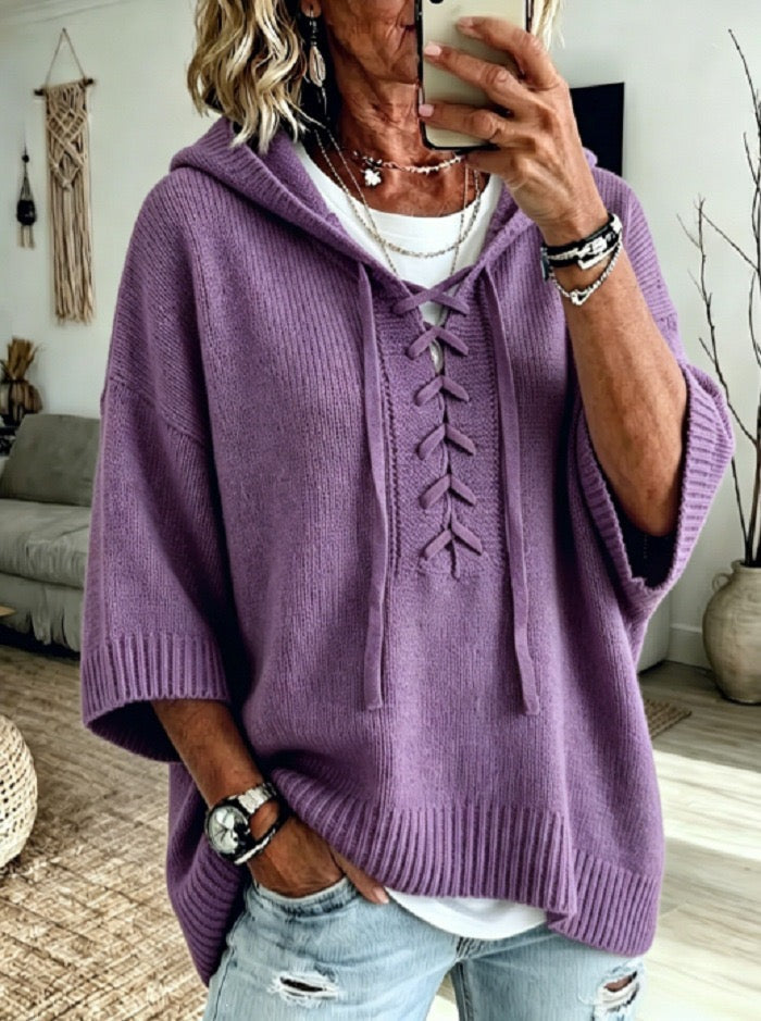 HAZEL | PURPLE LACE-UP HOOD PONCHO JUMPER