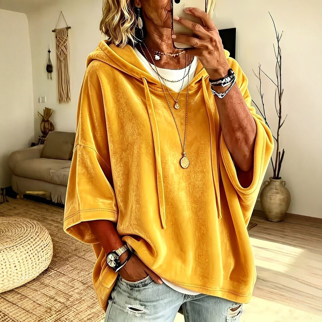 CORNELIA | MUSTARD PLUSH HOOD PONCHO JUMPER