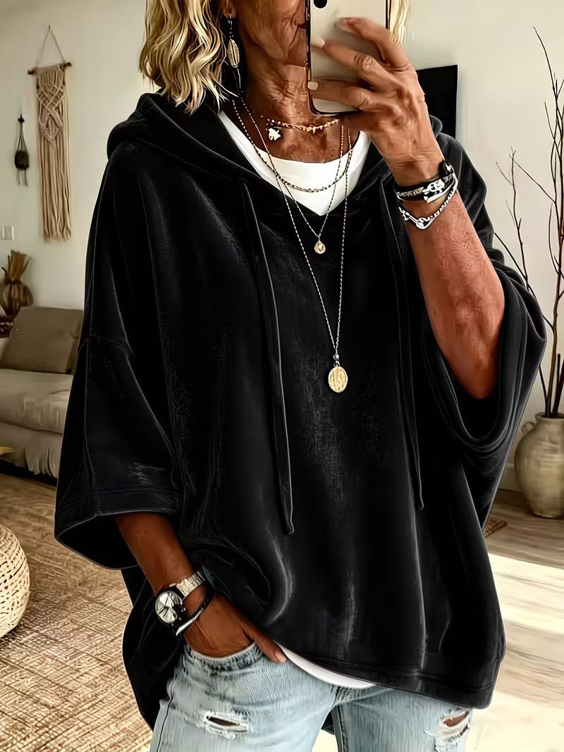 SELINA | BLACK PLUSH HOOD PONCHO JUMPER