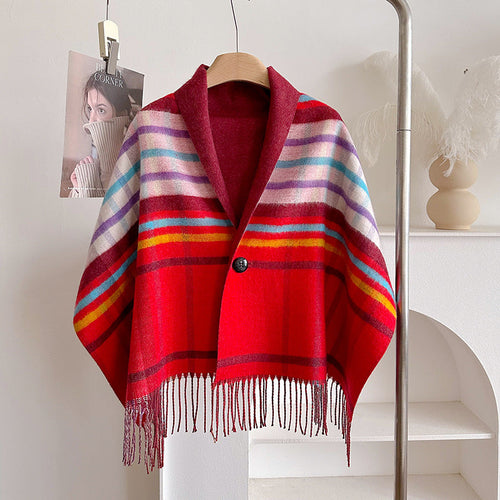 POPPY | RED MULTICOLOR STRIPED FRINGED PONCHO