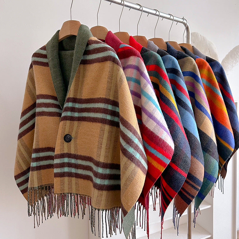 FIONA | RED PLAID FRINGED PONCHO