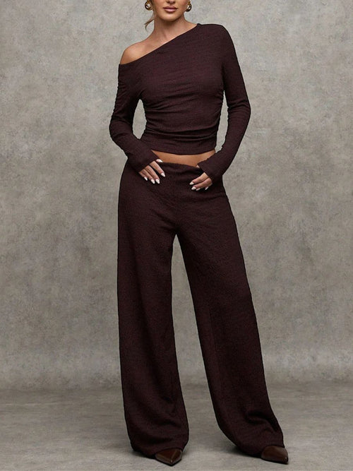 AMELIA | BROWN OFF SHOULDER KNIT TOP AND WIDE LEG PANTS SET