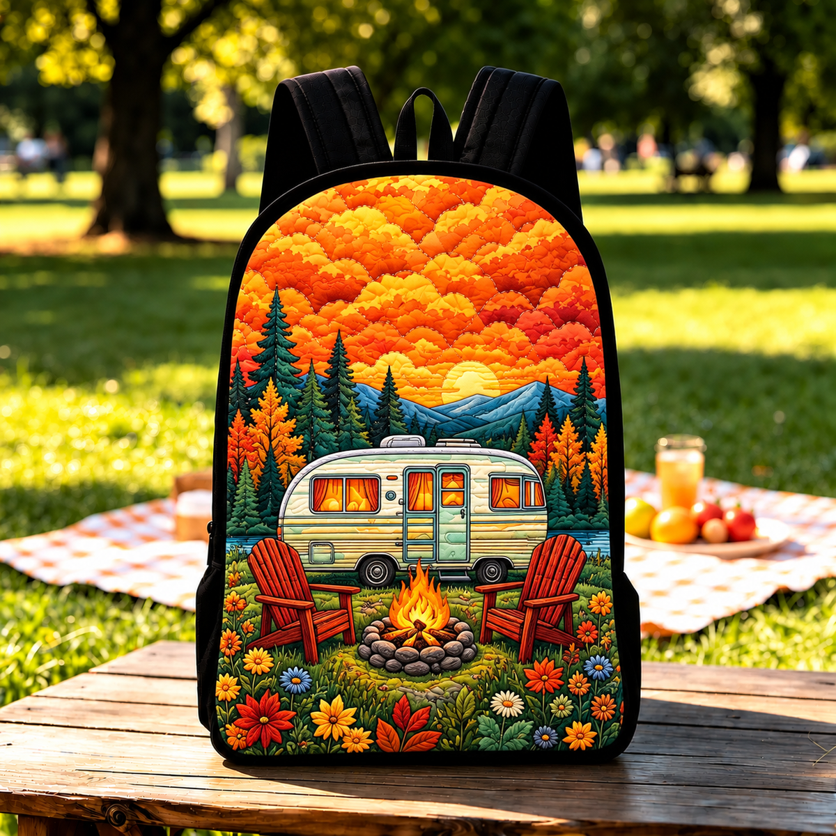 AUTUMN | RETRO CAMPER & CAMPFIRE PRINTED BACKPACK