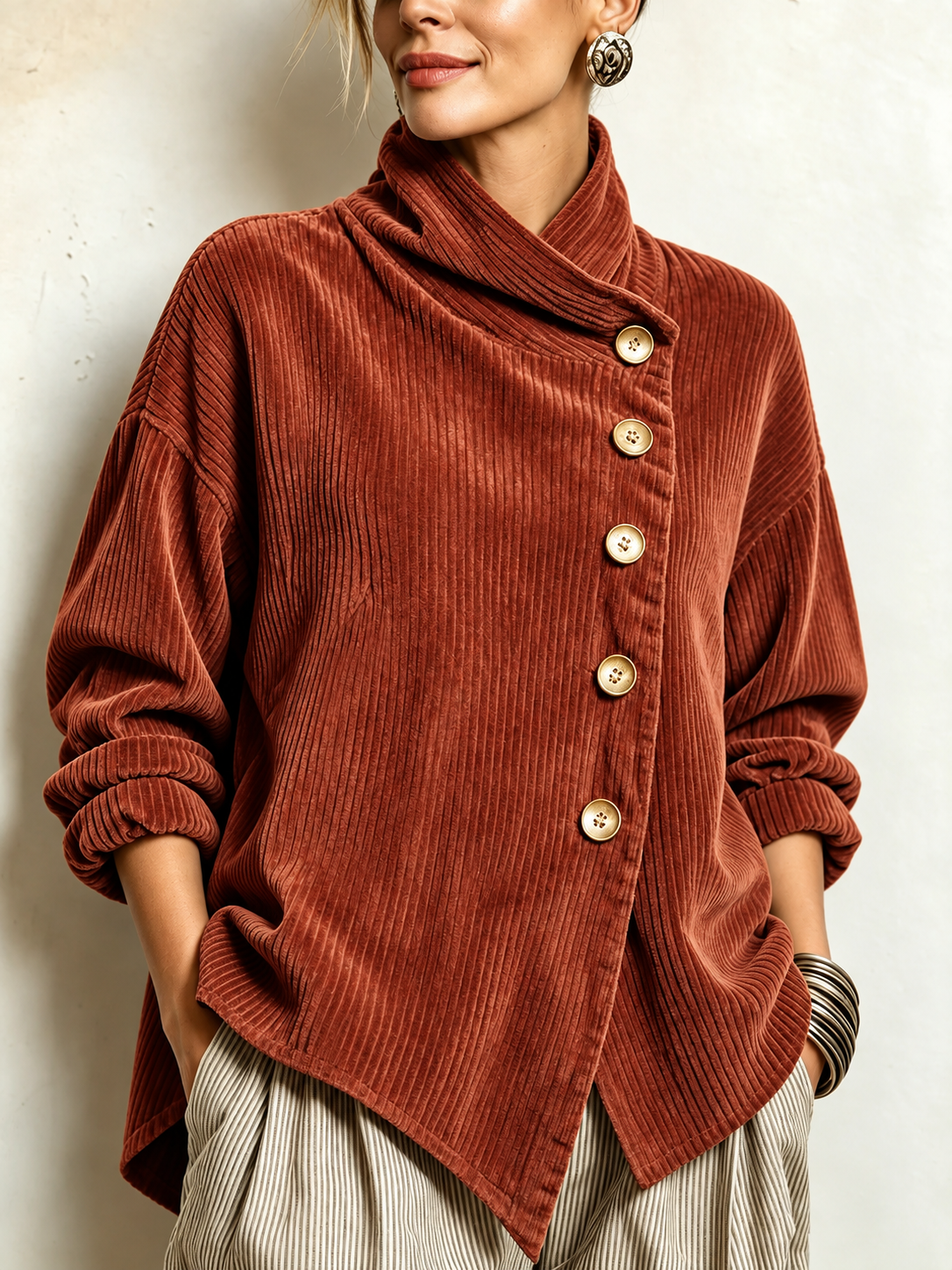 ISOLINE | TERRACOTTA CORDUROY BUTTON-UP TOP
