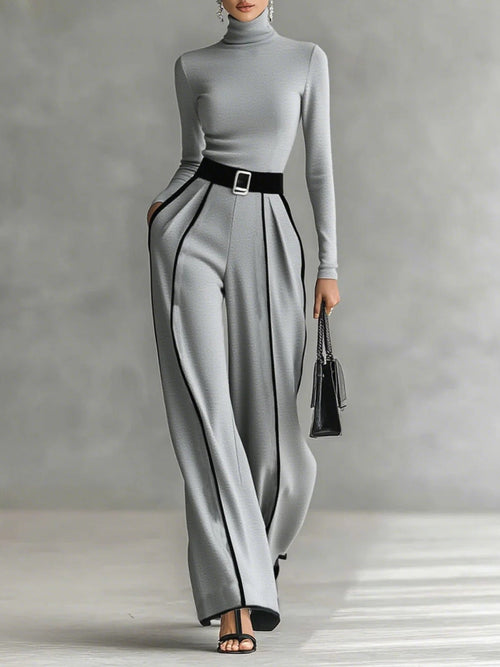 AMELIA | BLACK TRIM HIGH NECK TOP AND WIDE LEG PANTS SET
