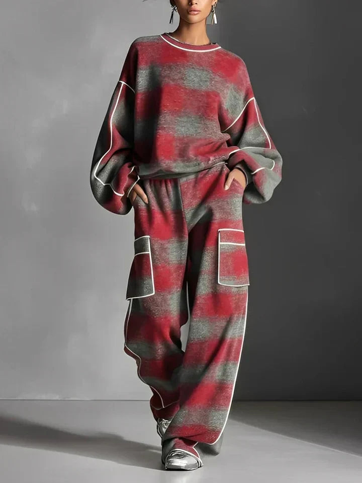 CHARLOTTE | BLACK AND GREY PLAID COLOUR BLOCK SWEATSHIRT AND CASUAL PANTS SET