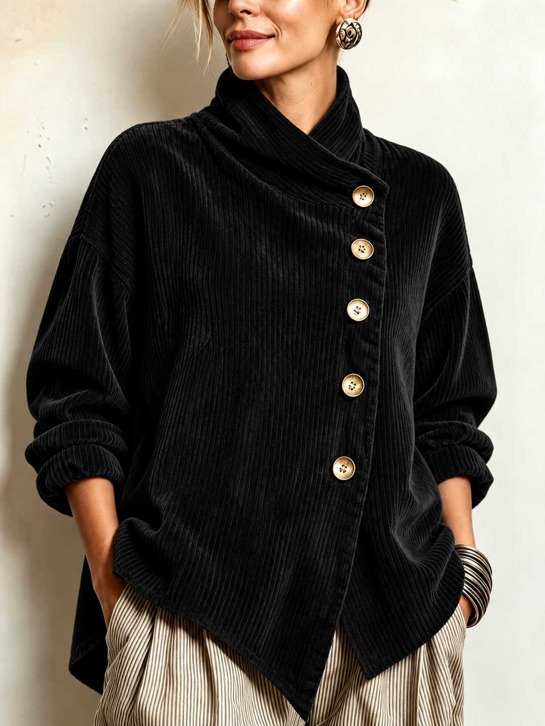 BRONWEN | BLACK CORDUROY BUTTON-UP TOP
