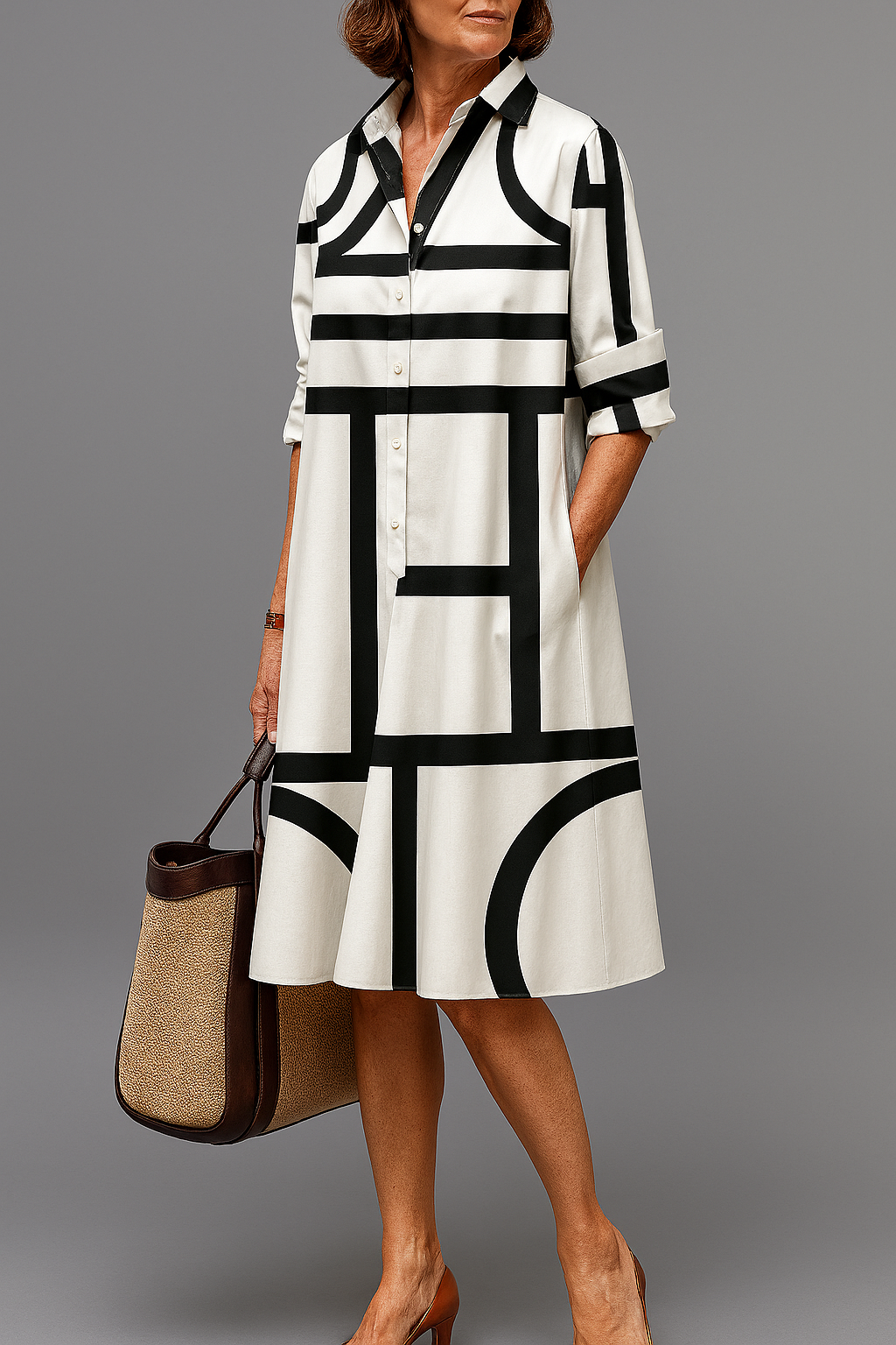 ELLIE | BLACK AND WHITE GEOMETRIC SHIRT DRESS