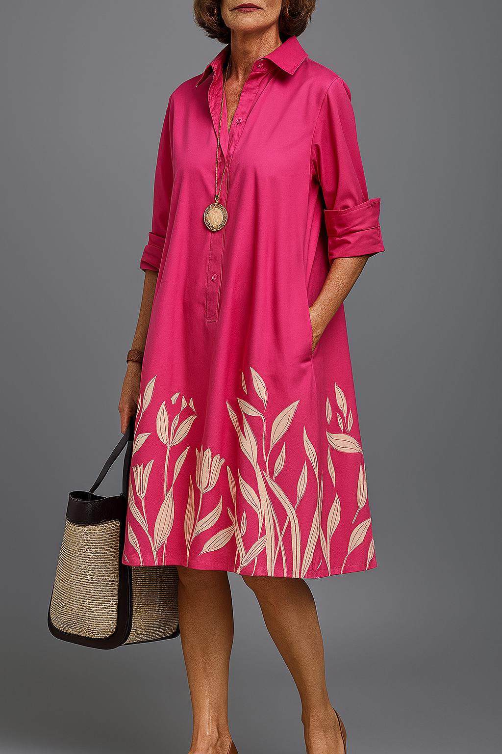 GRACE | PINK LEAF PRINT SHIRT DRESS