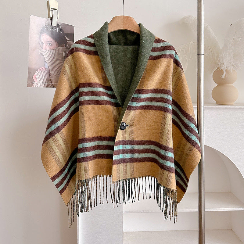 HAZEL | CAMEL PLAID FRINGED PONCHO