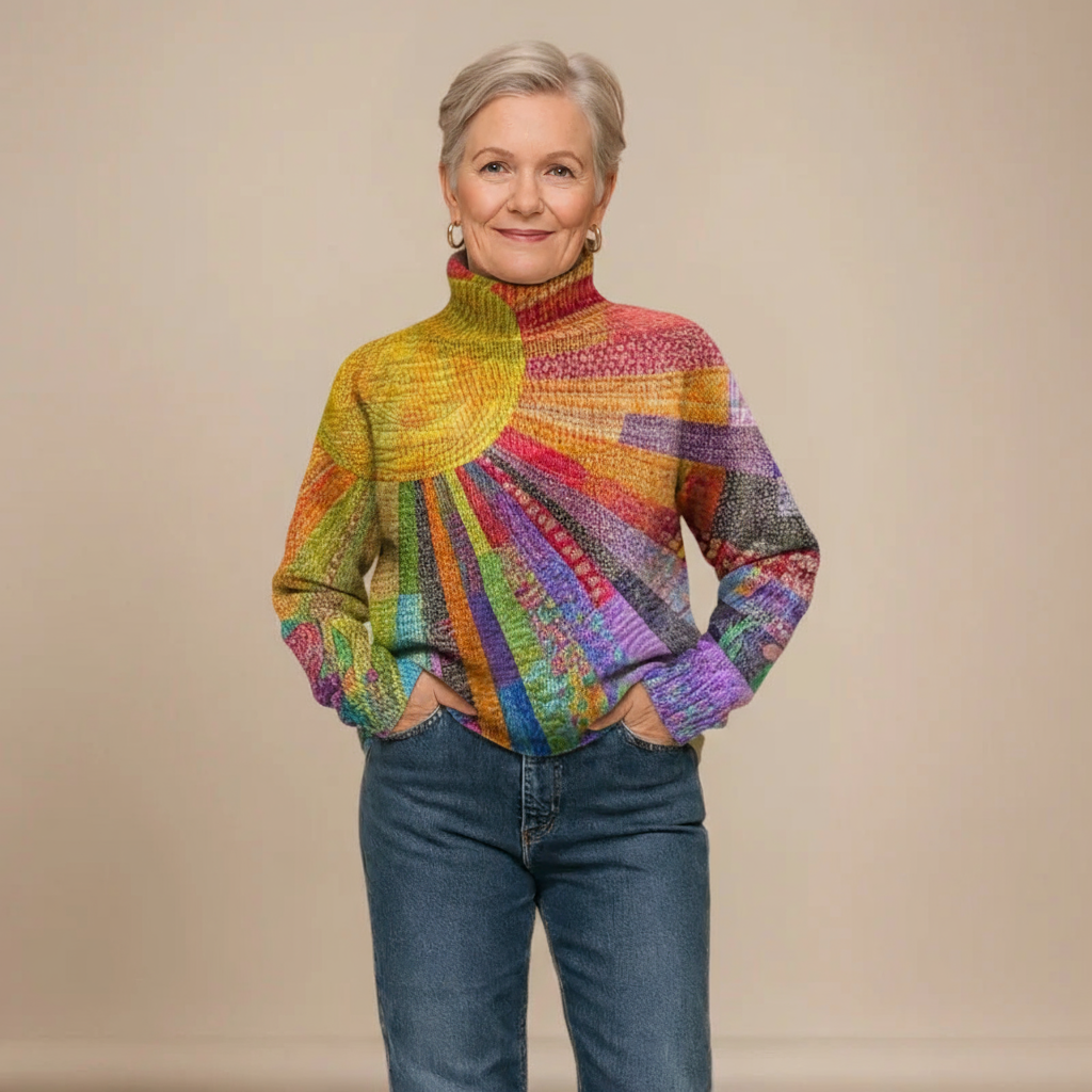 MARA | COLOURFUL SUN COLLAGE PRINT KNIT TURTLENECK PULLOVER JUMPER