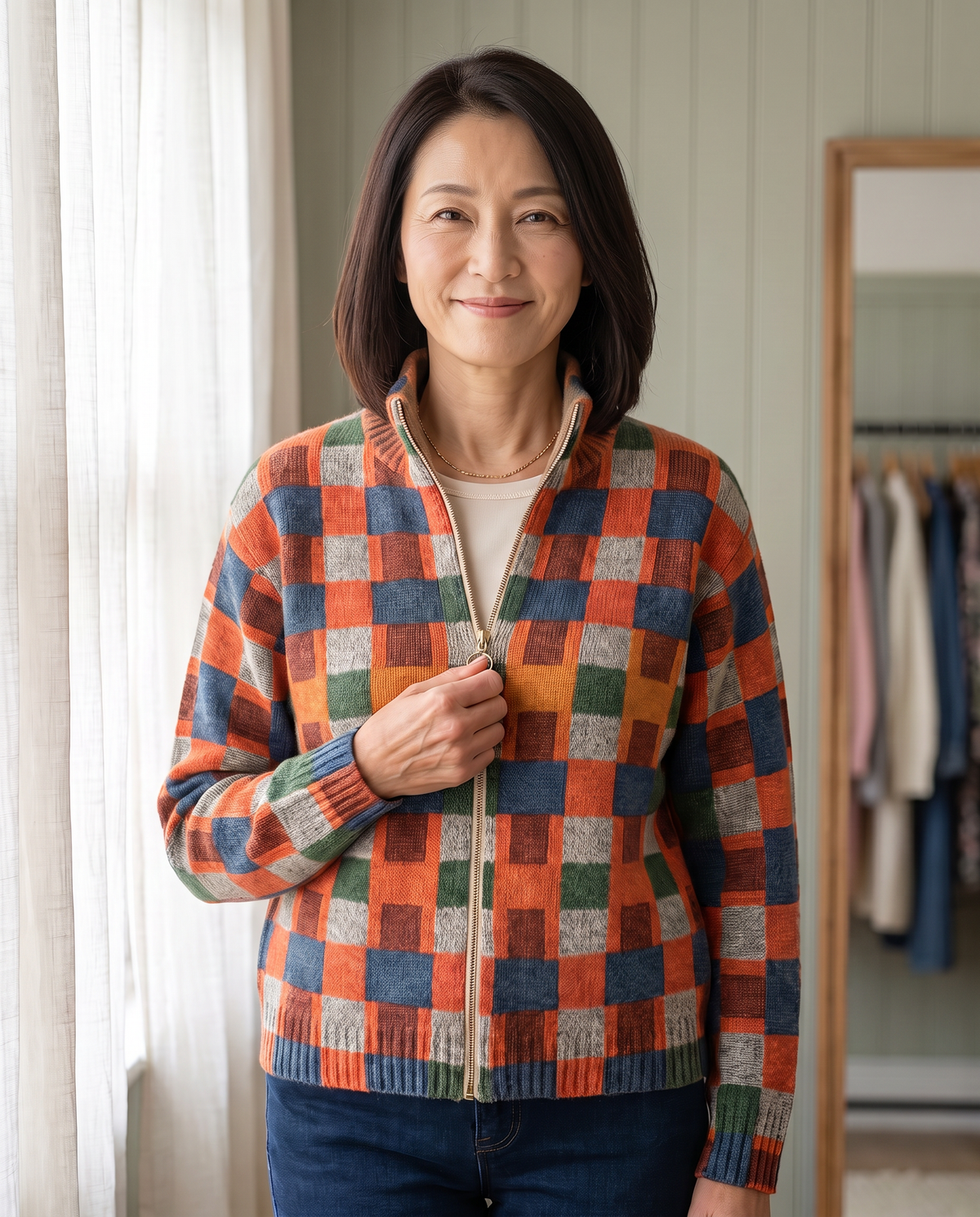 BRYONY | PATCHWORK CHECK ZIP CARDIGAN